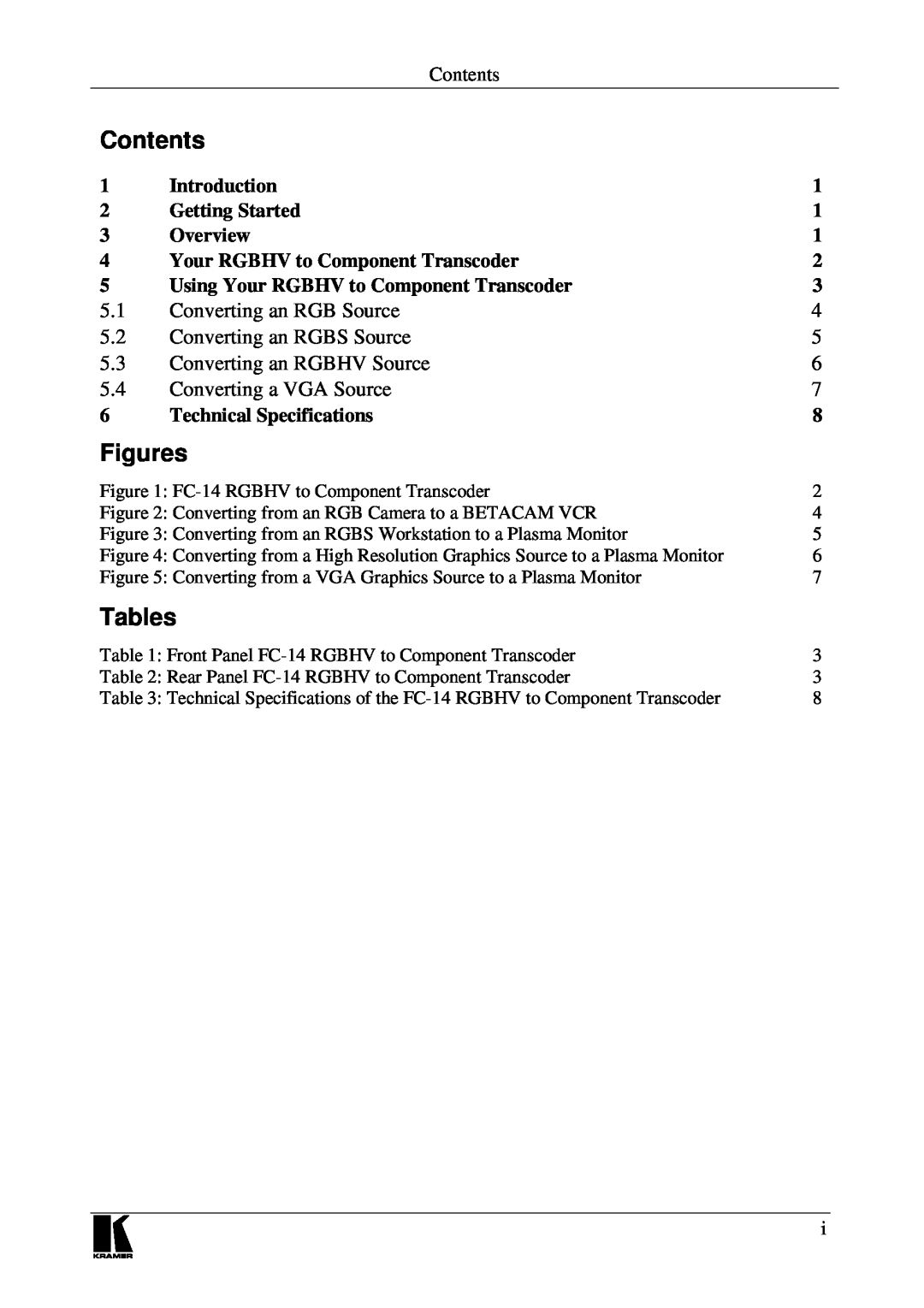 Kramer Electronics FC-14 Contents, Figures, Tables, Introduction, Getting Started, Overview, Technical Specifications 