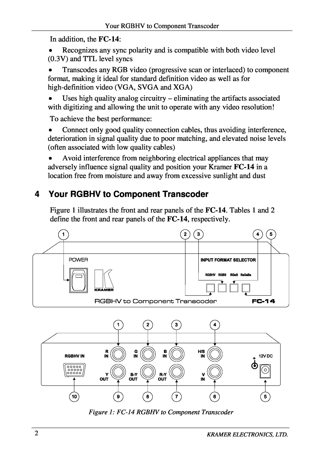 Kramer Electronics FC-14 user manual Your RGBHV to Component Transcoder 
