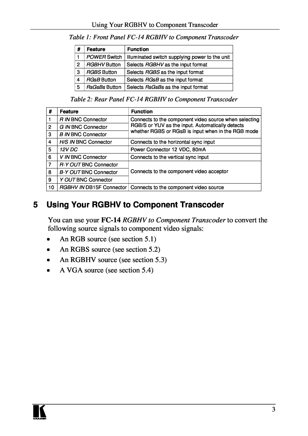 Kramer Electronics Using Your RGBHV to Component Transcoder, Front Panel FC-14 RGBHV to Component Transcoder, Feature 