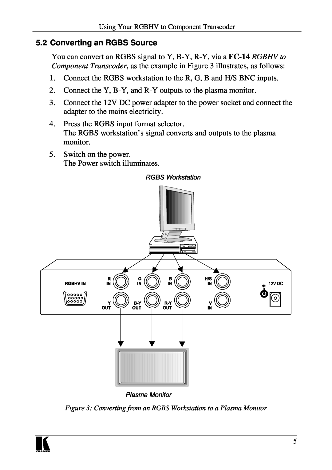 Kramer Electronics FC-14 user manual Converting an RGBS Source, Converting from an RGBS Workstation to a Plasma Monitor 