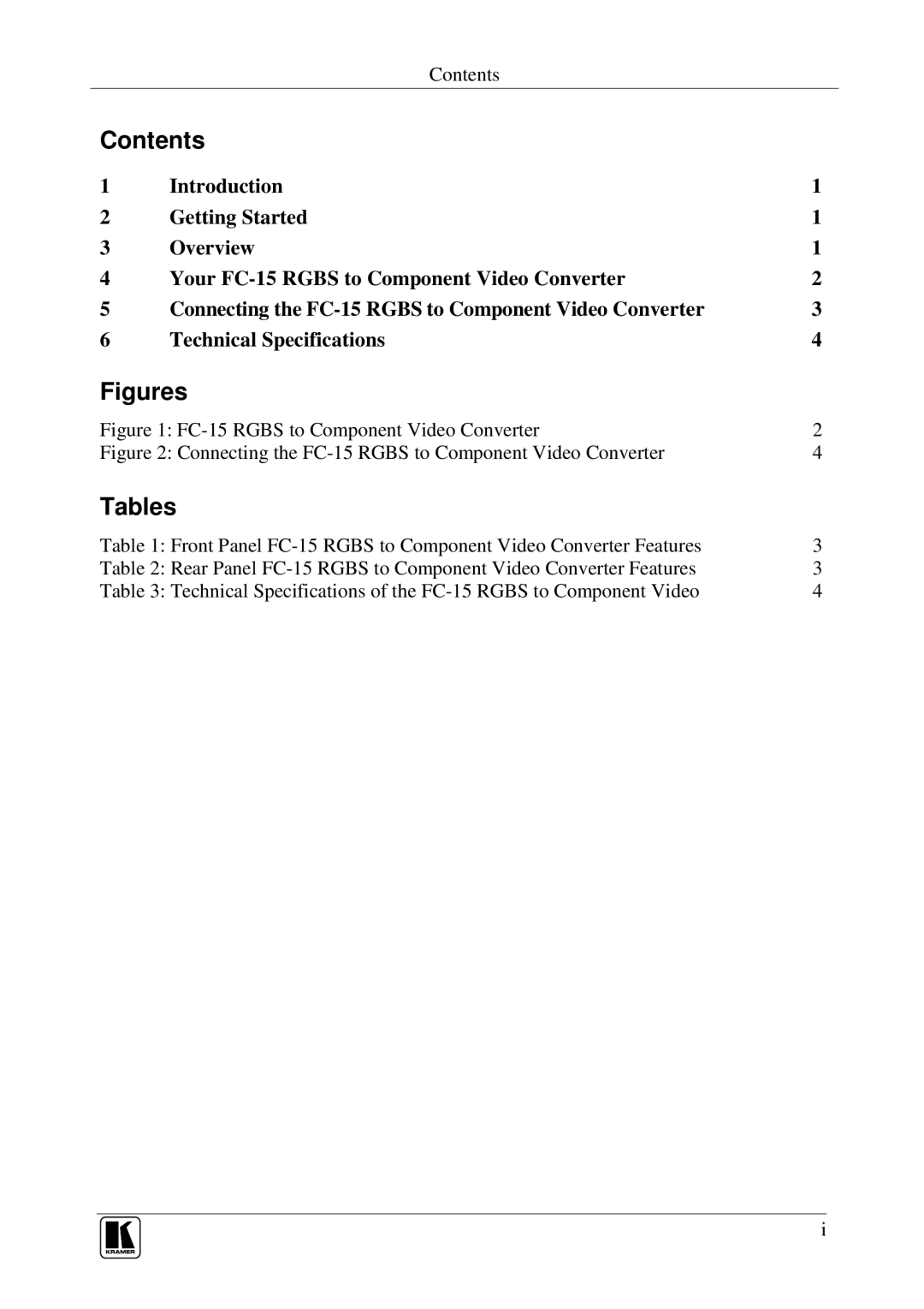 Kramer Electronics FC-15 user manual Contents, Tables 