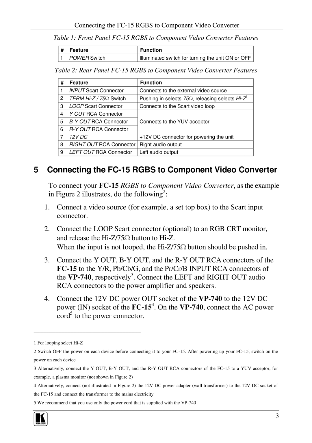 Kramer Electronics user manual Connecting the FC-15 Rgbs to Component Video Converter 