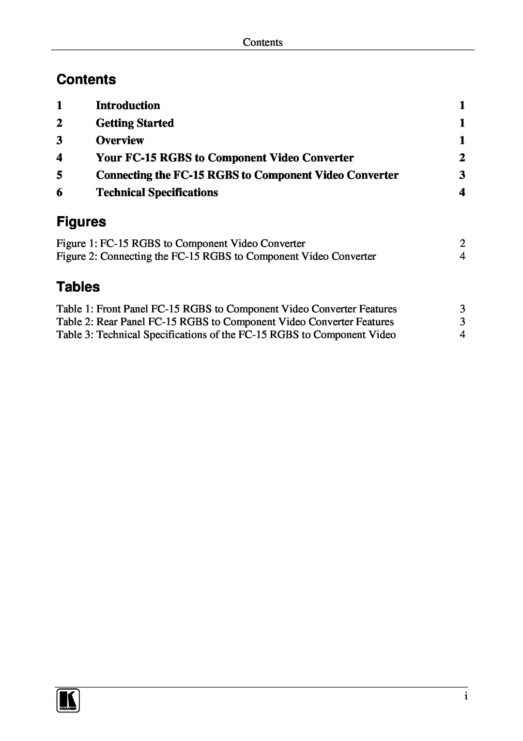 Kramer Electronics FC-15 Contents, Figures, Tables, Introduction, Getting Started, Overview, Technical Specifications 