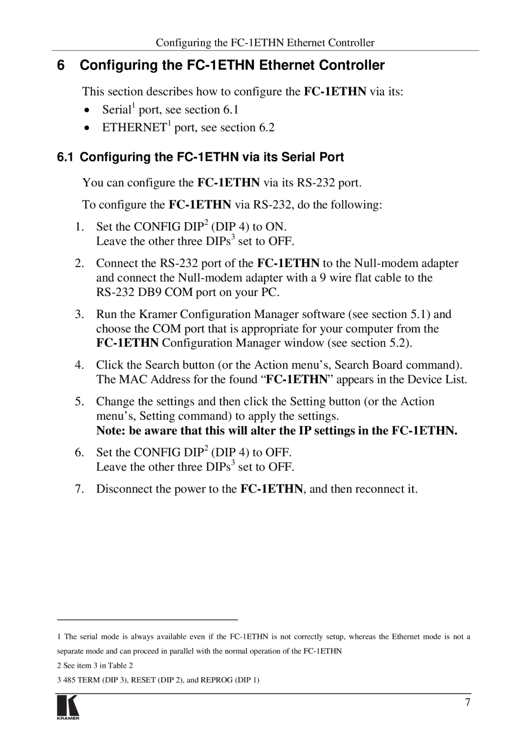 Kramer Electronics Configuring the FC-1ETHN Ethernet Controller, Configuring the FC-1ETHN via its Serial Port 