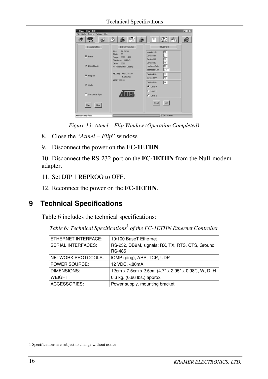 Kramer Electronics FC-1ETHN user manual Technical Specifications, Includes the technical specifications 