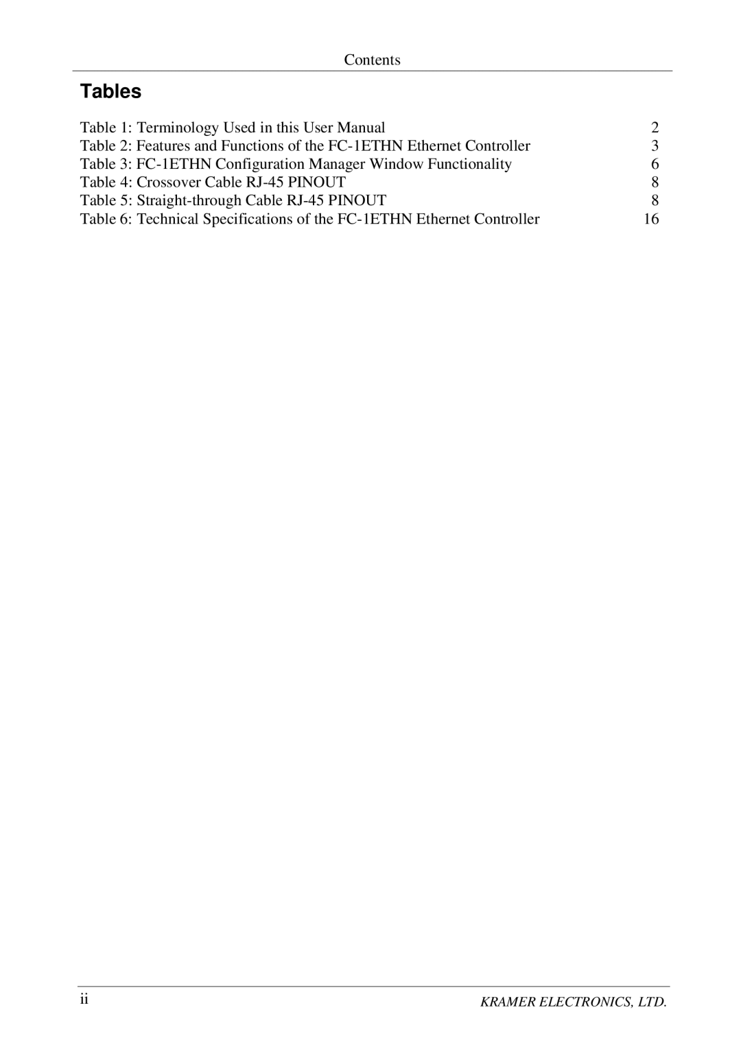 Kramer Electronics FC-1ETHN user manual Tables 