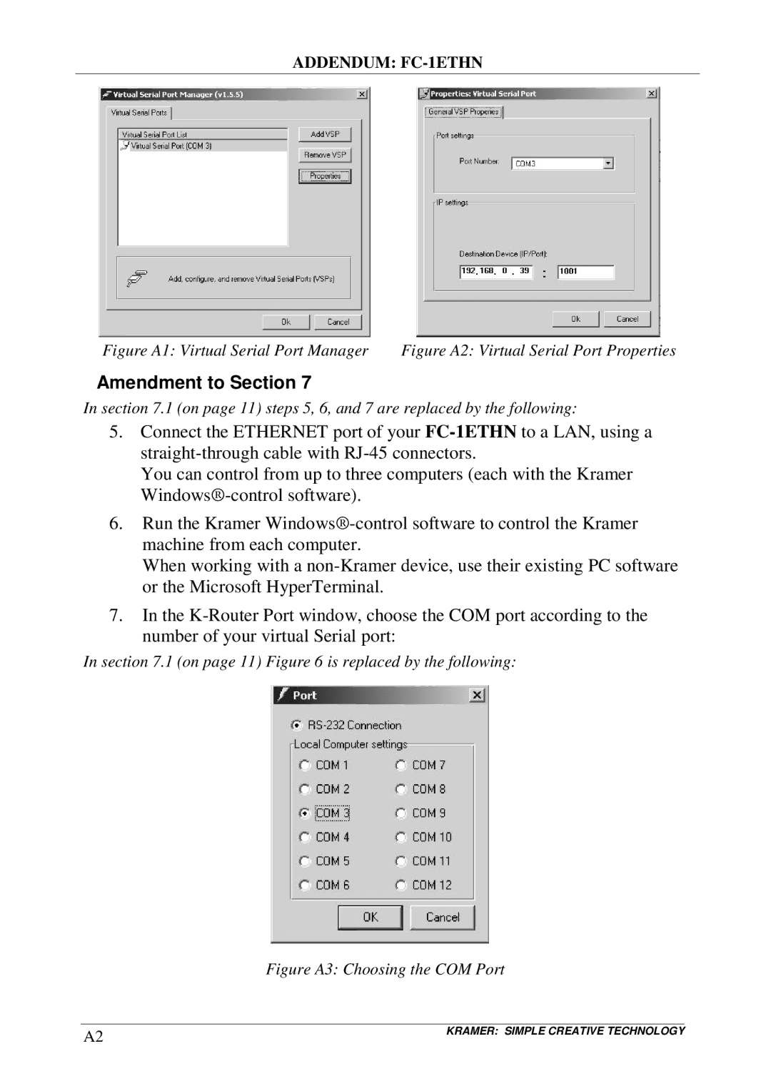 Kramer Electronics FC-1ETHN user manual Figure A1 Virtual Serial Port Manager 