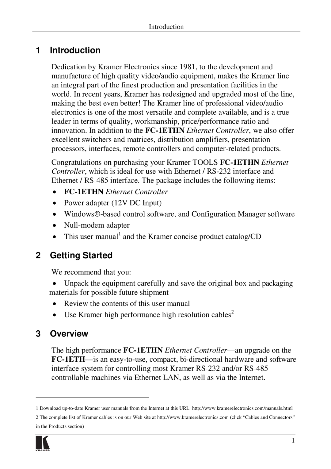 Kramer Electronics FC-1ETHN user manual Introduction, Getting Started, Overview 