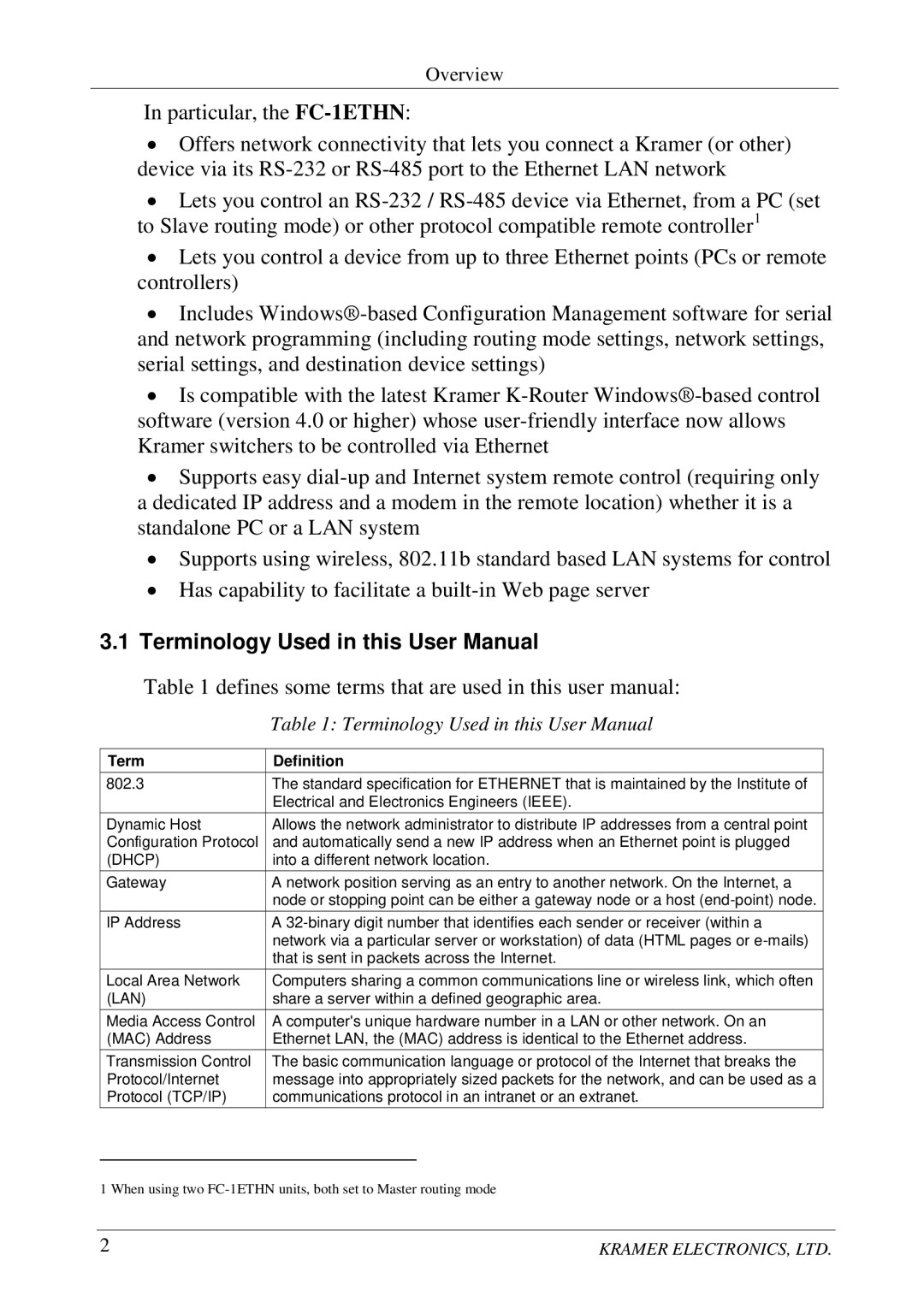 Kramer Electronics FC-1ETHN user manual Overview 