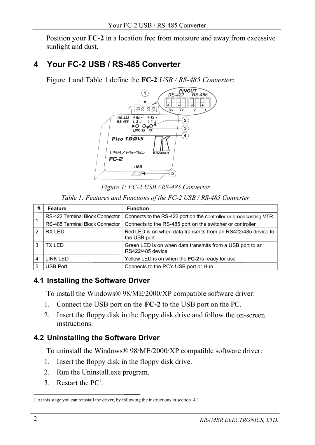 Kramer Electronics FC-2 manual RXU&86%56&RQYHUWHU, Lqvwuxfwlrqv 8QLQVWDOOLQJWKH6RIWZDUHULYHU 