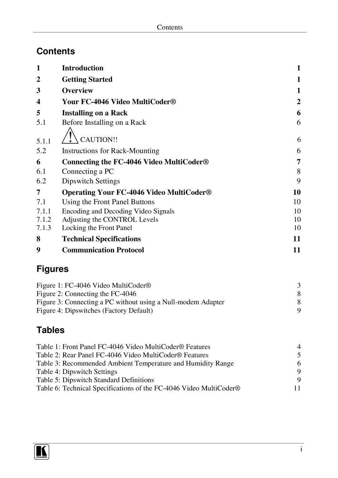 Kramer Electronics FC-4046 user manual Contents, Tables 