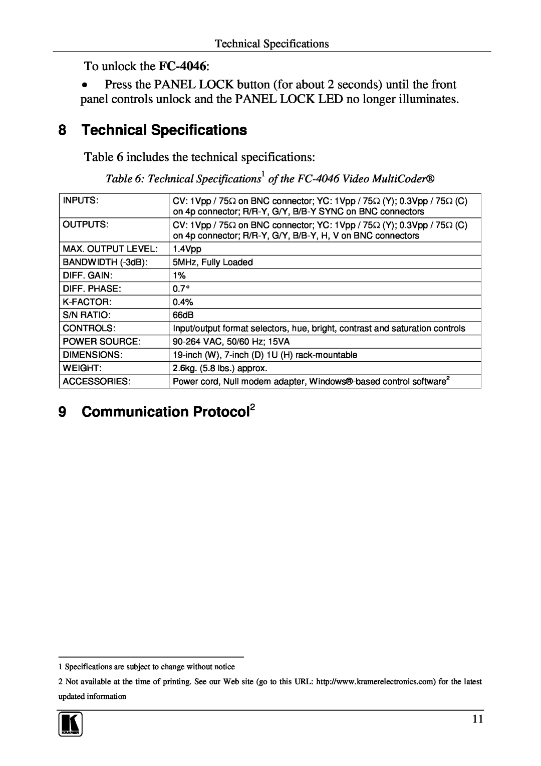 Kramer Electronics user manual Technical Specifications, Communication Protocol2, To unlock the FC-4046 