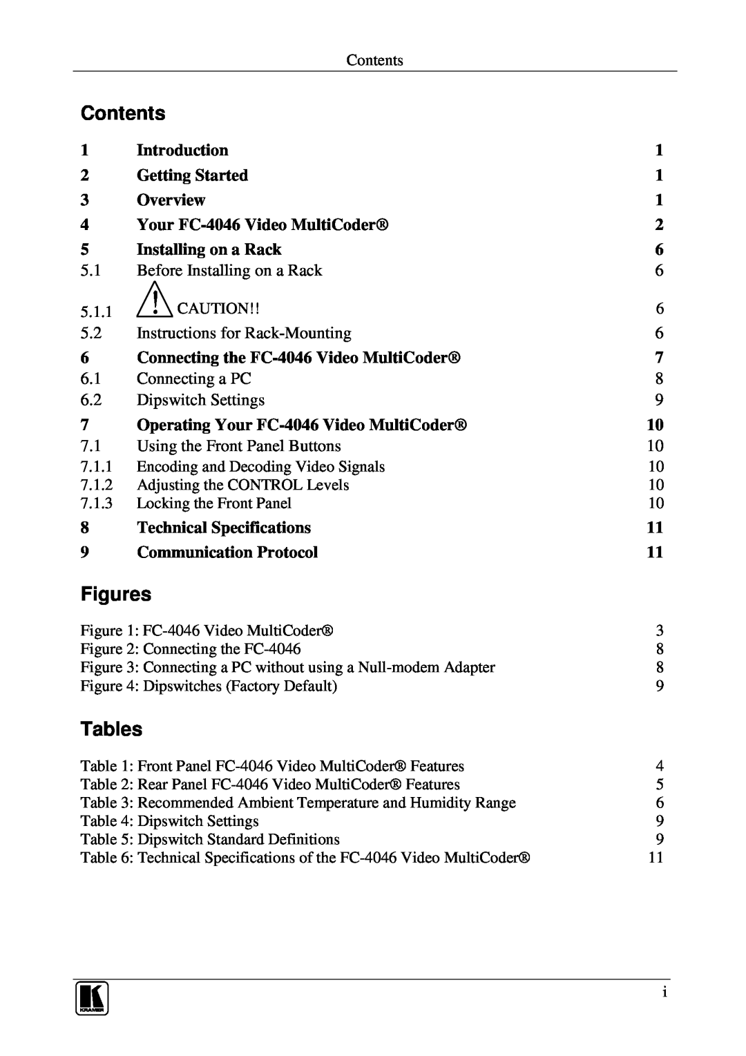 Kramer Electronics FC-4046 user manual Contents, Figures, Tables 