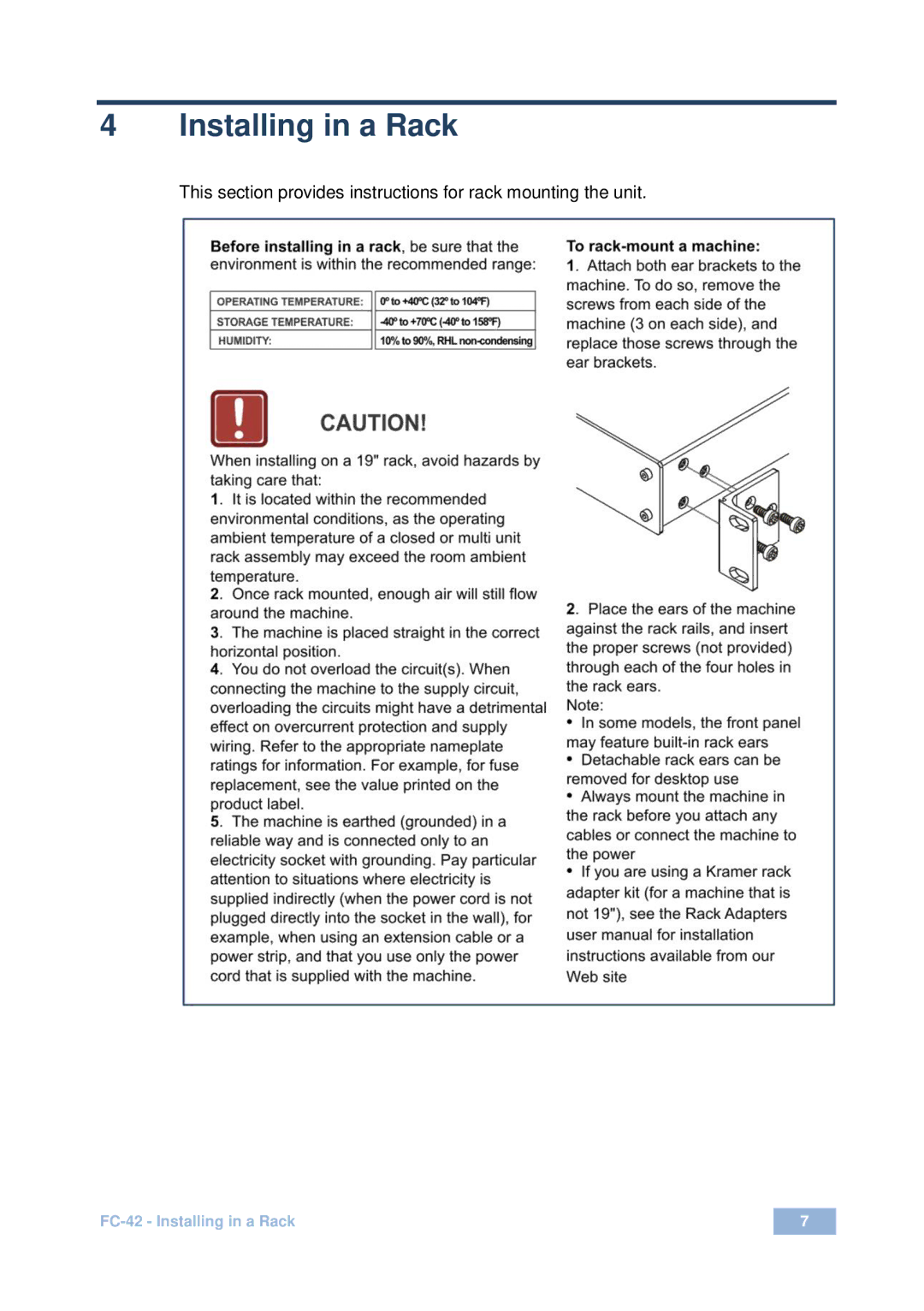 Kramer Electronics fc-42 user manual Installing in a Rack 