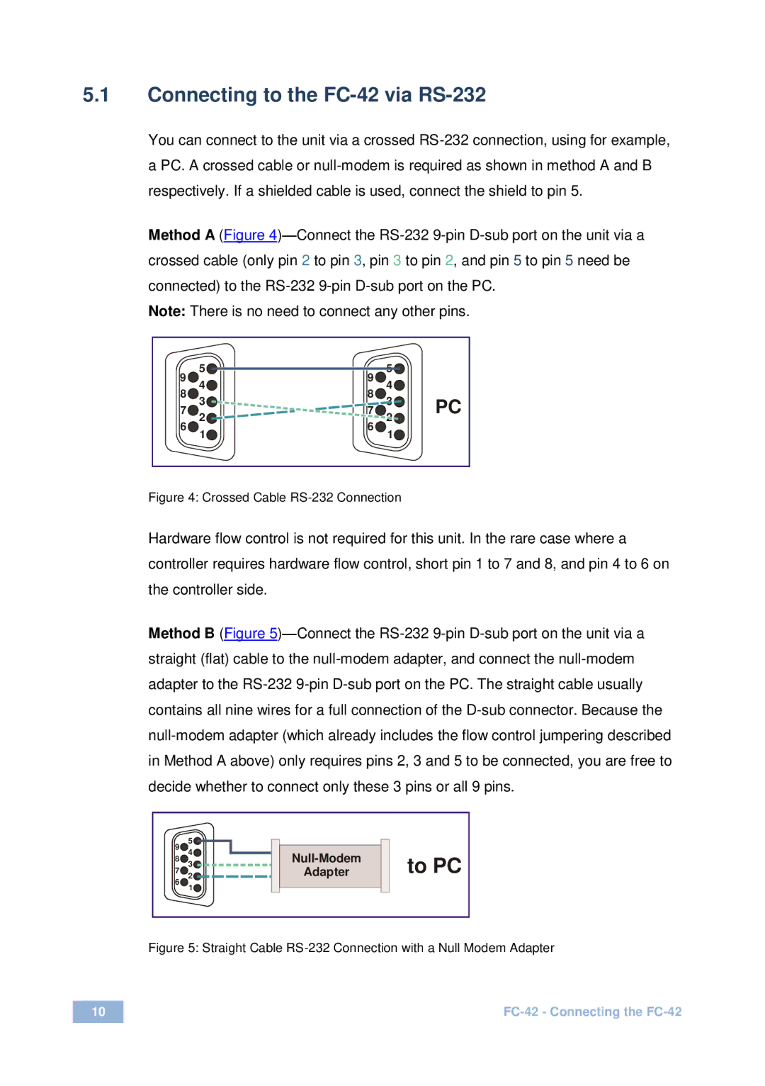 Kramer Electronics fc-42 user manual Connecting to the FC-42 via RS-232, Crossed Cable RS-232 Connection 