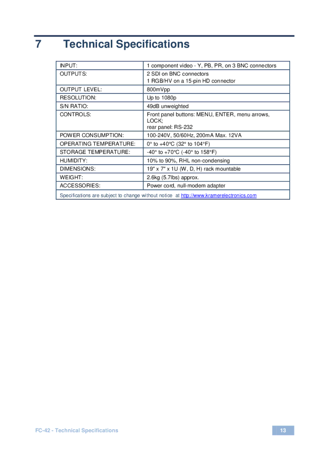 Kramer Electronics fc-42 user manual Technical Specifications 