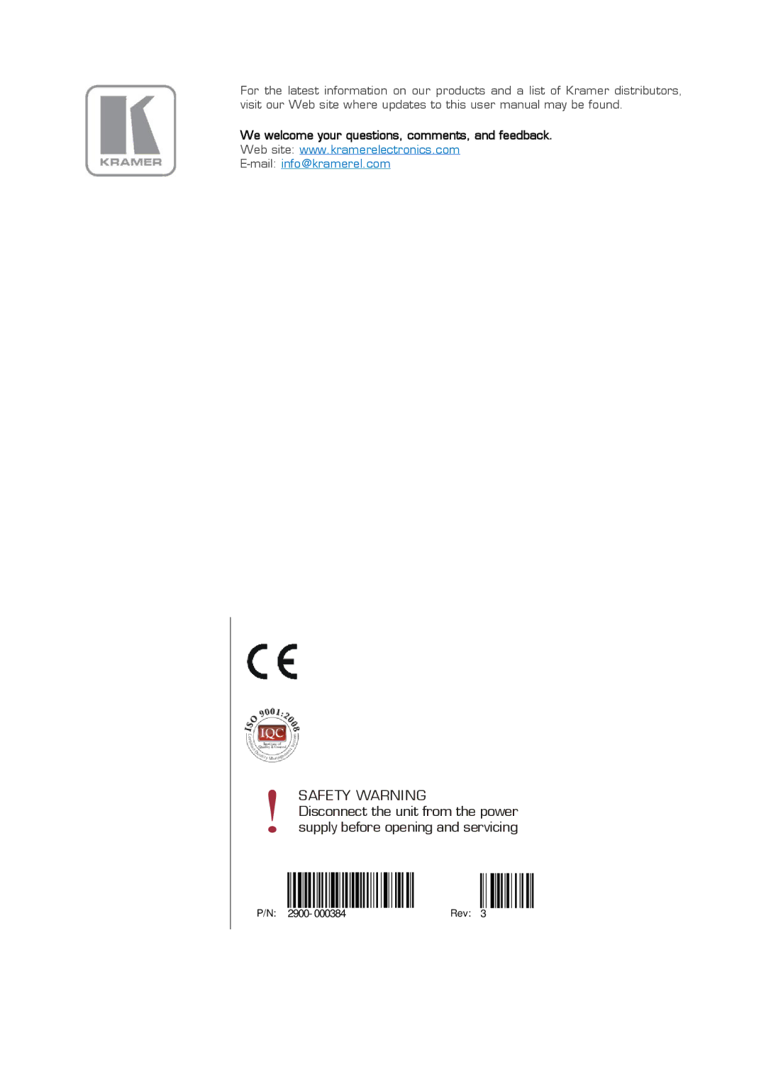 Kramer Electronics fc-42 user manual Safety Warning 