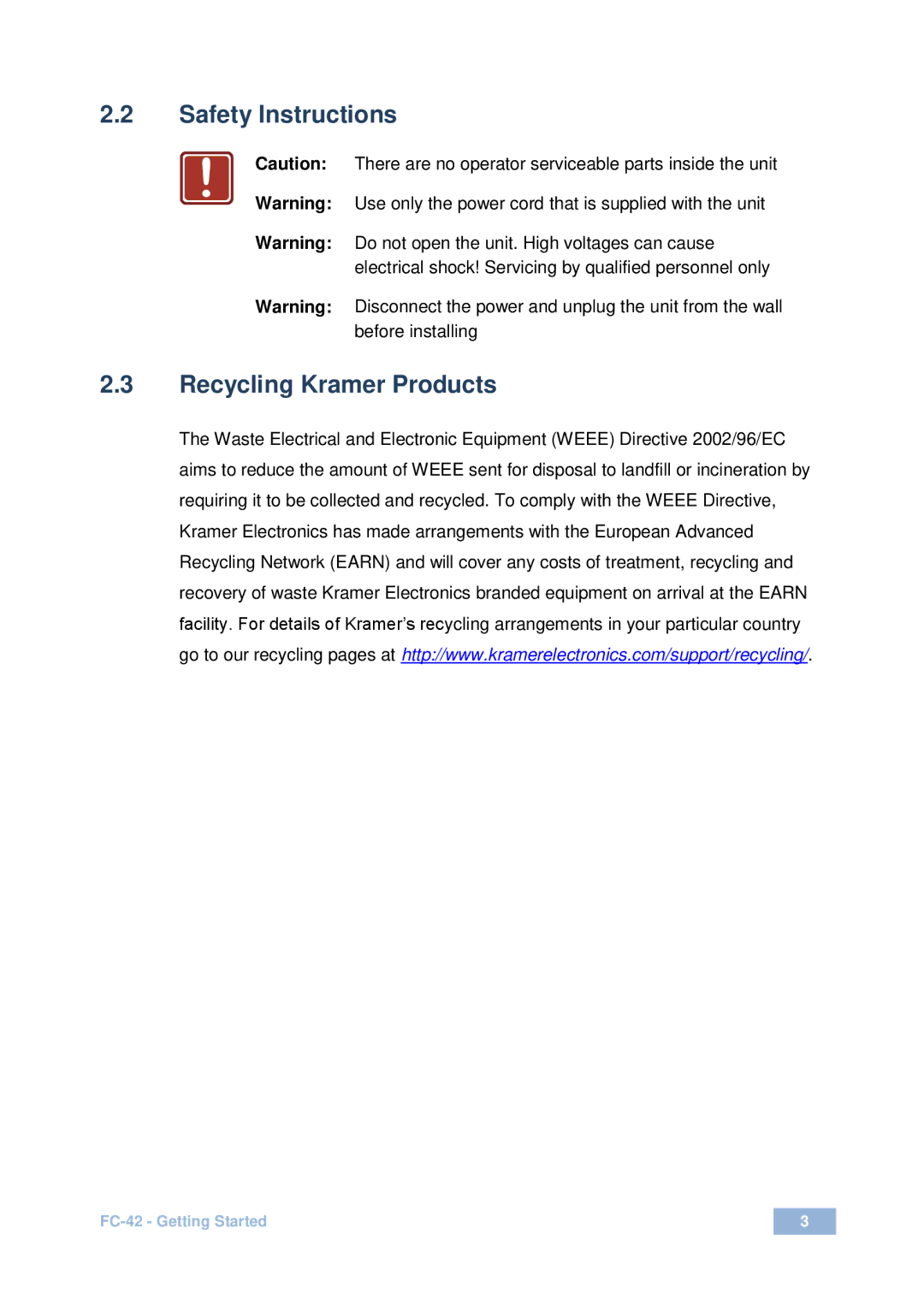 Kramer Electronics fc-42 user manual Safety Instructions Recycling Kramer Products 