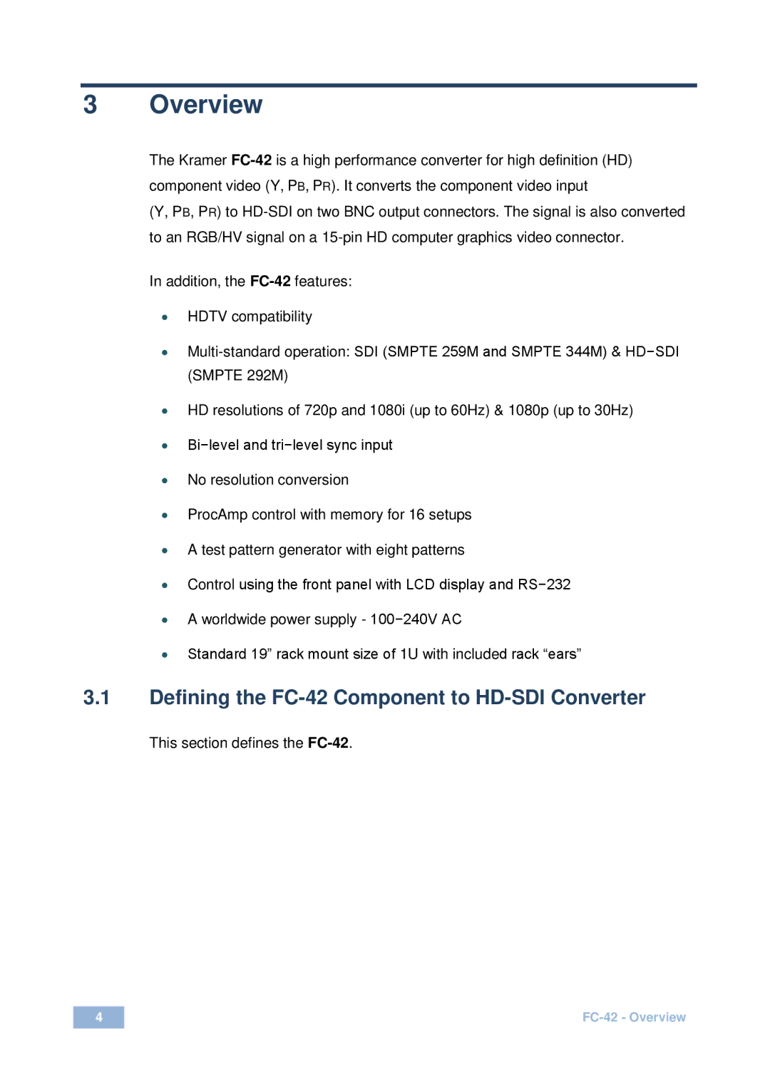 Kramer Electronics fc-42 user manual Overview, Defining the FC-42 Component to HD-SDI Converter 