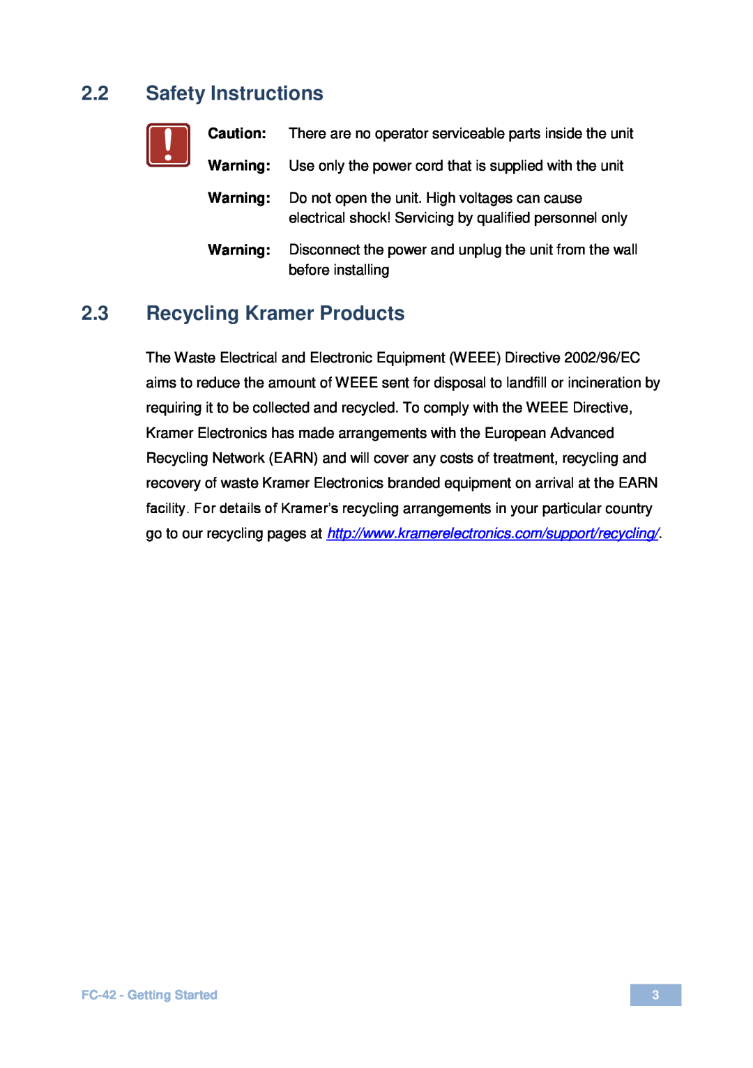 Kramer Electronics fc-42 user manual 2.2Safety Instructions, 2.3Recycling Kramer Products 