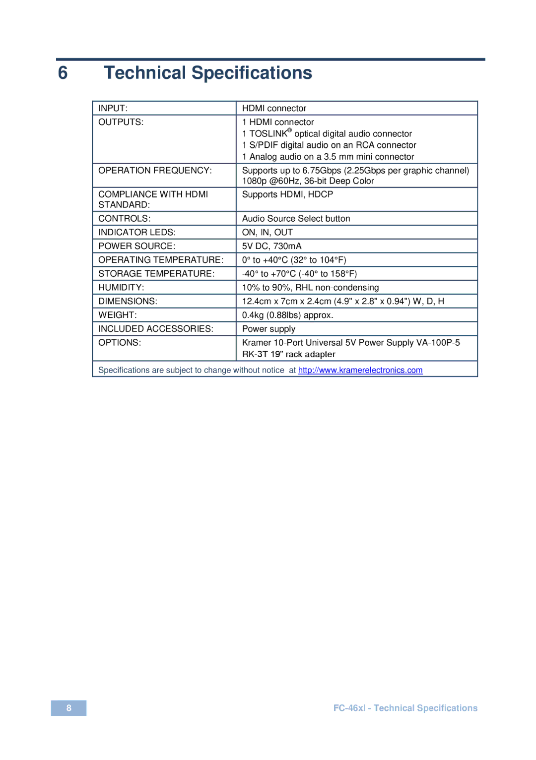 Kramer Electronics fc-46xI user manual Technical Specifications, Outputs 