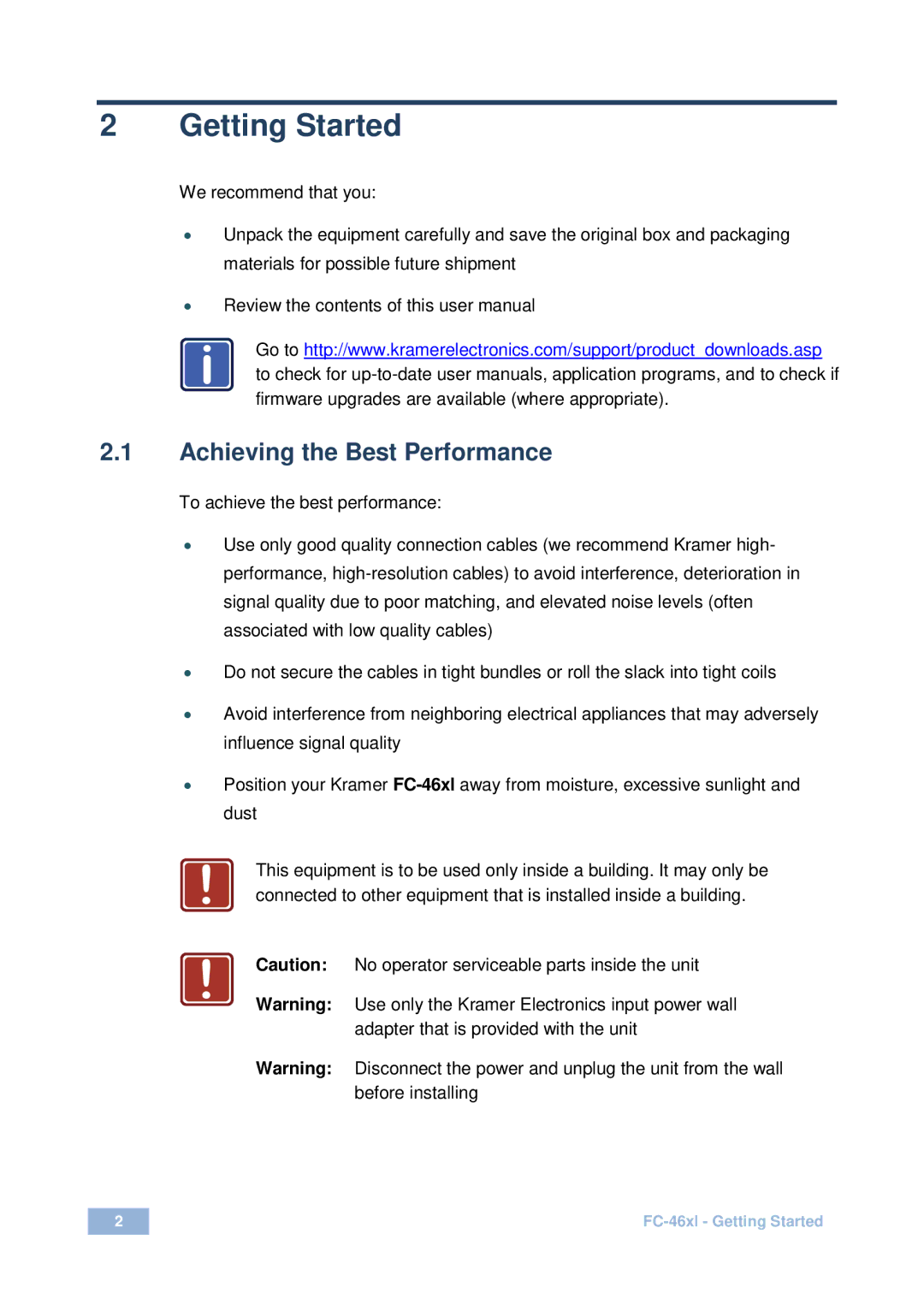 Kramer Electronics fc-46xI user manual Getting Started, Achieving the Best Performance 
