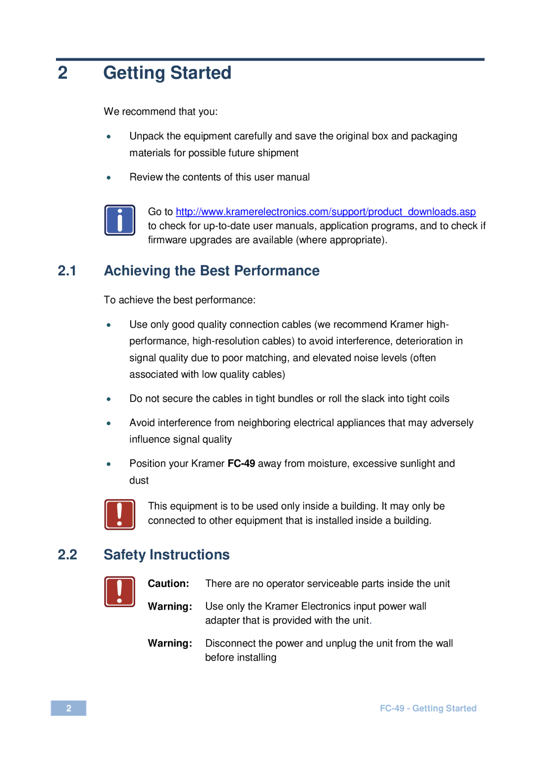 Kramer Electronics FC-49 user manual Getting Started, Achieving the Best Performance 