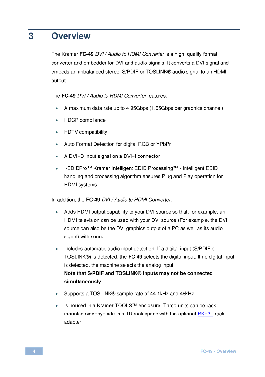 Kramer Electronics user manual Overview, FC-49DVI / Audio to Hdmi Converter features 