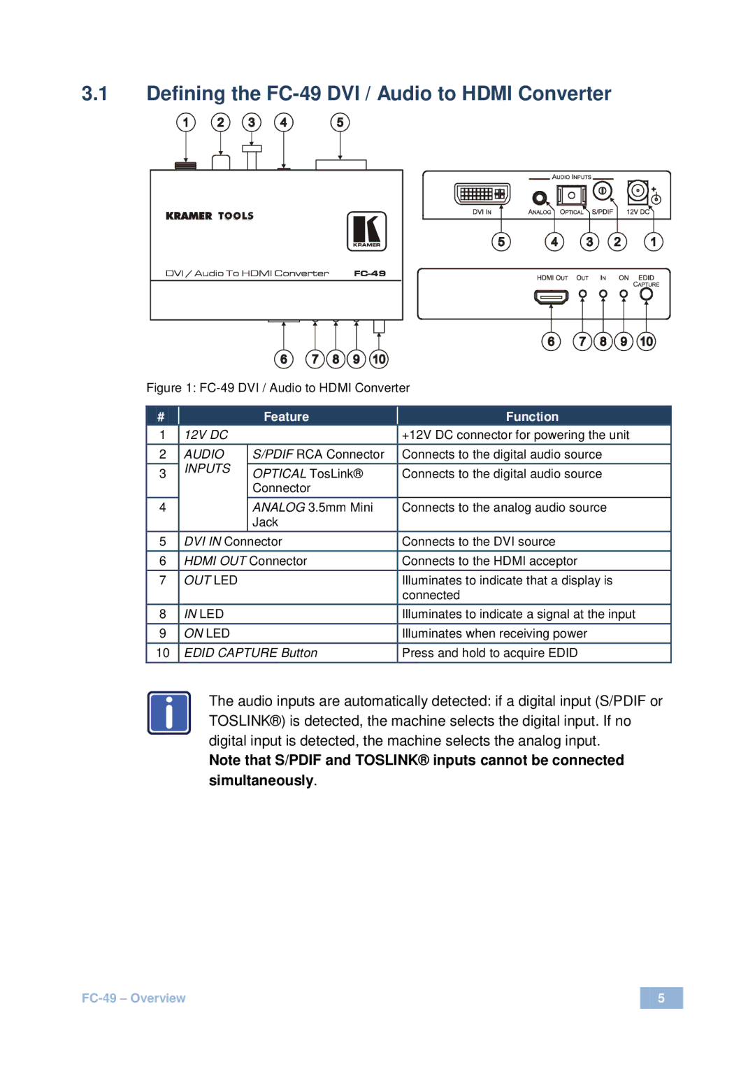 Kramer Electronics user manual Defining the FC-49 DVI / Audio to Hdmi Converter 