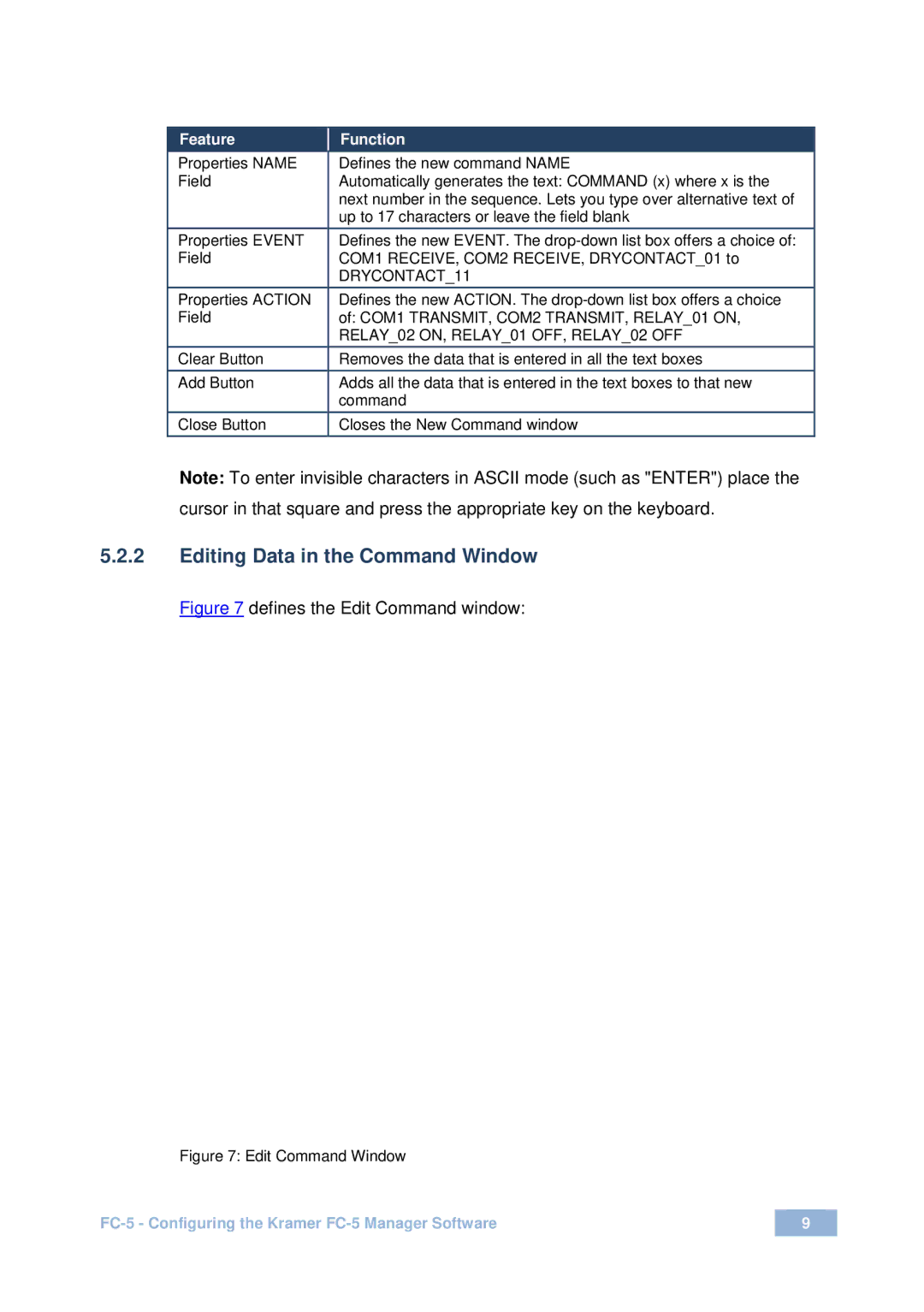 Kramer Electronics FC-5 user manual Editing Data in the Command Window 