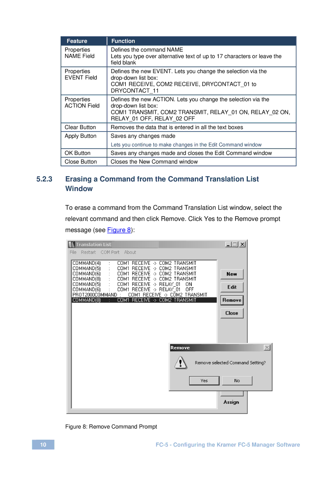 Kramer Electronics FC-5 user manual Erasing a Command from the Command Translation List Window 