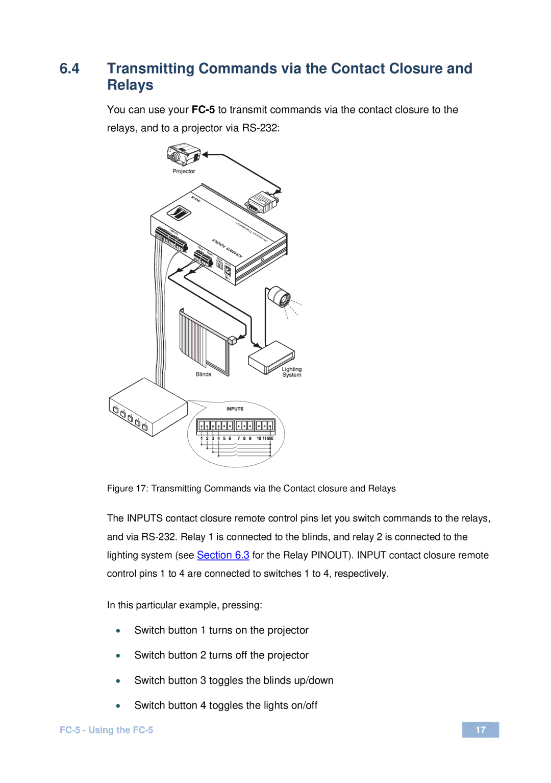 Kramer Electronics FC-5 user manual Transmitting Commands via the Contact Closure and Relays 