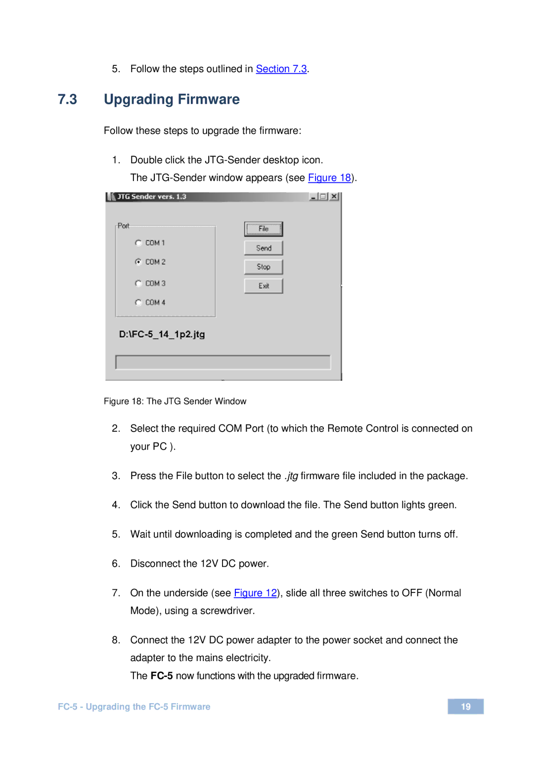 Kramer Electronics FC-5 user manual Upgrading Firmware, JTG Sender Window 