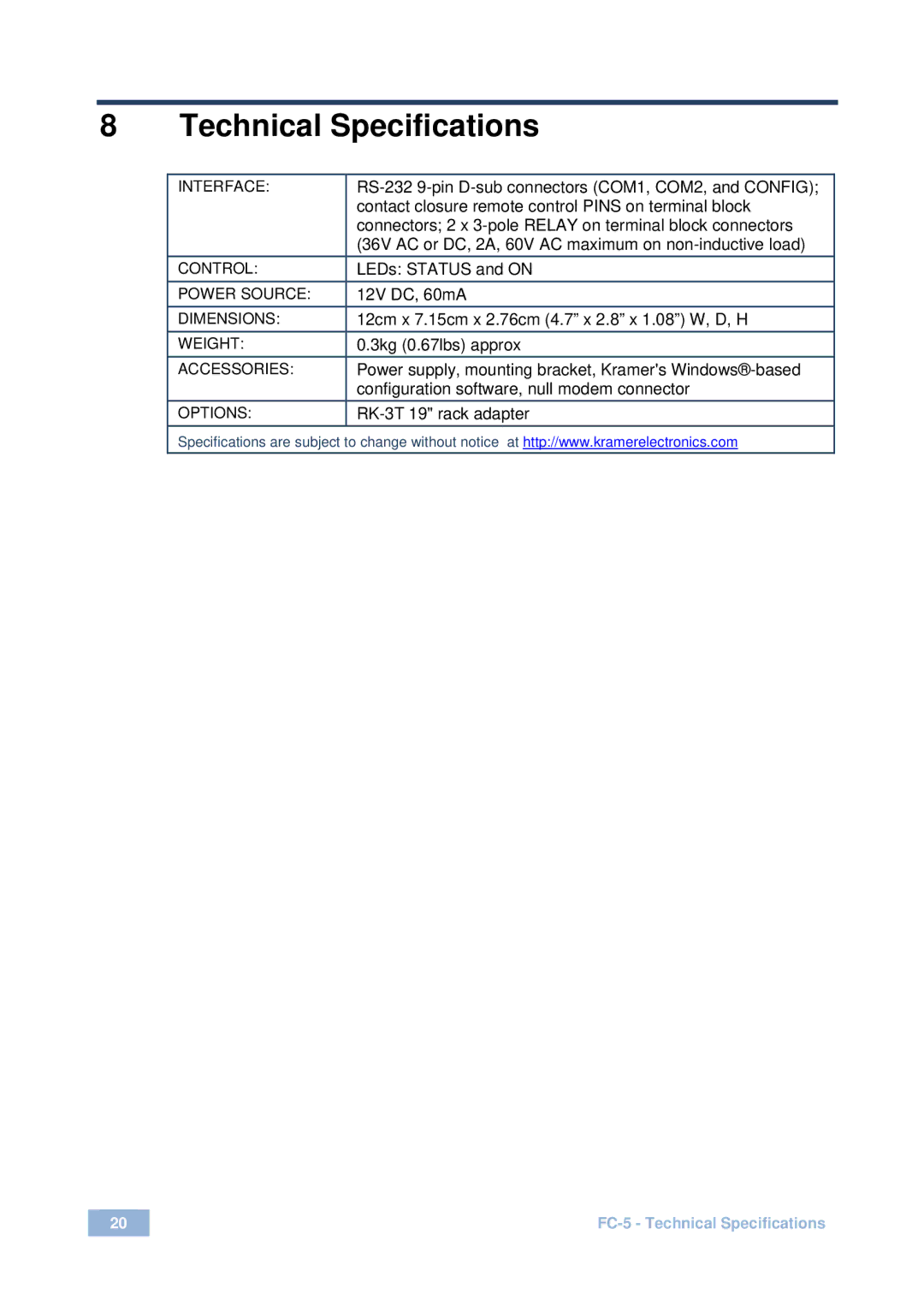 Kramer Electronics FC-5 user manual Technical Specifications, RK-3T 19 rack adapter 