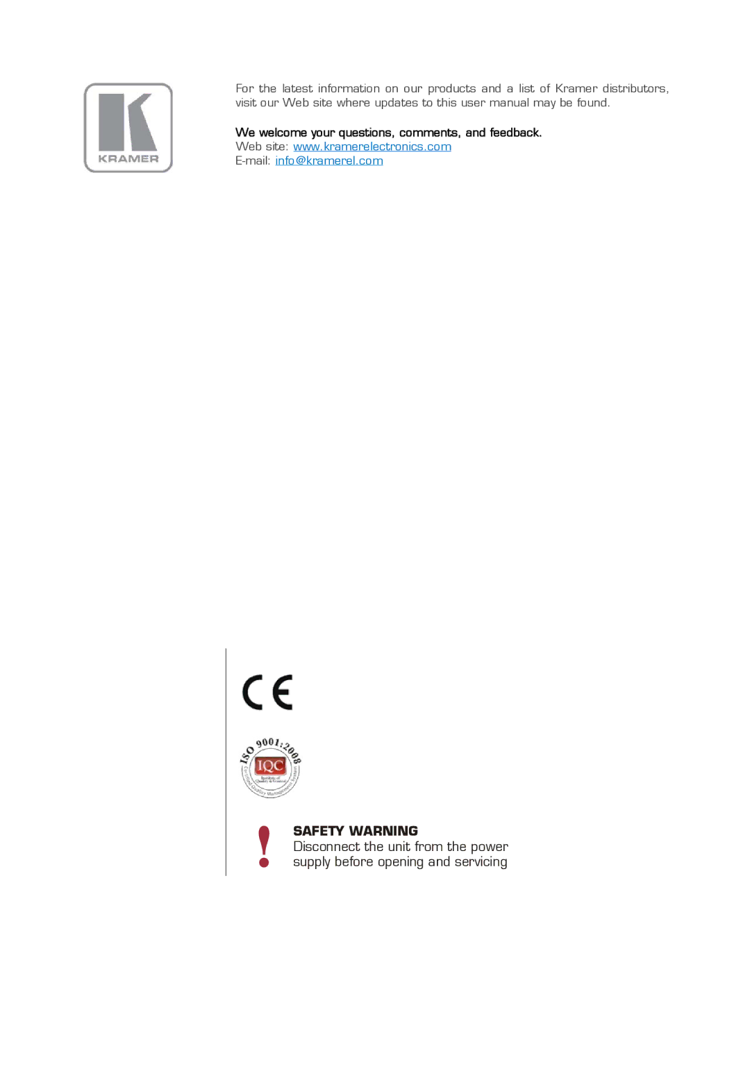 Kramer Electronics FC-5 user manual Safety Warning 