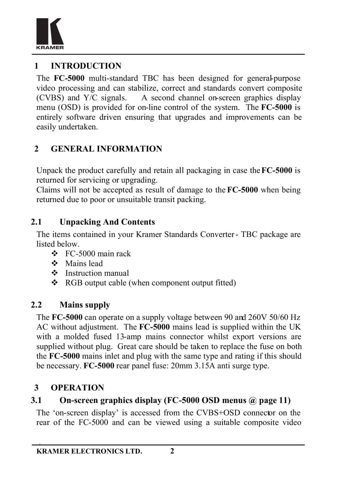 Kramer Electronics FC-5000 manual 17528&7,21, 15$/,1250$7,21, 8QSDFNLQJ$QG&RQWHQWV, 0DLQVVXSSO, 235$7,21 