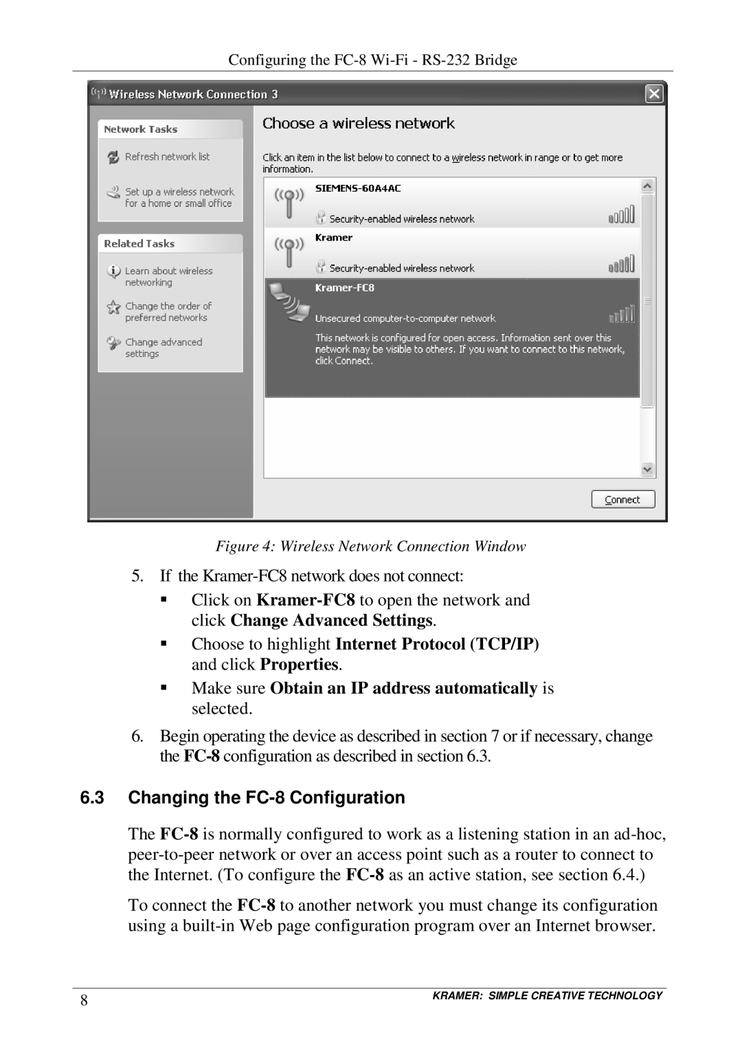 Kramer Electronics user manual Changing the FC-8 Configuration, Wireless Network Connection Window 