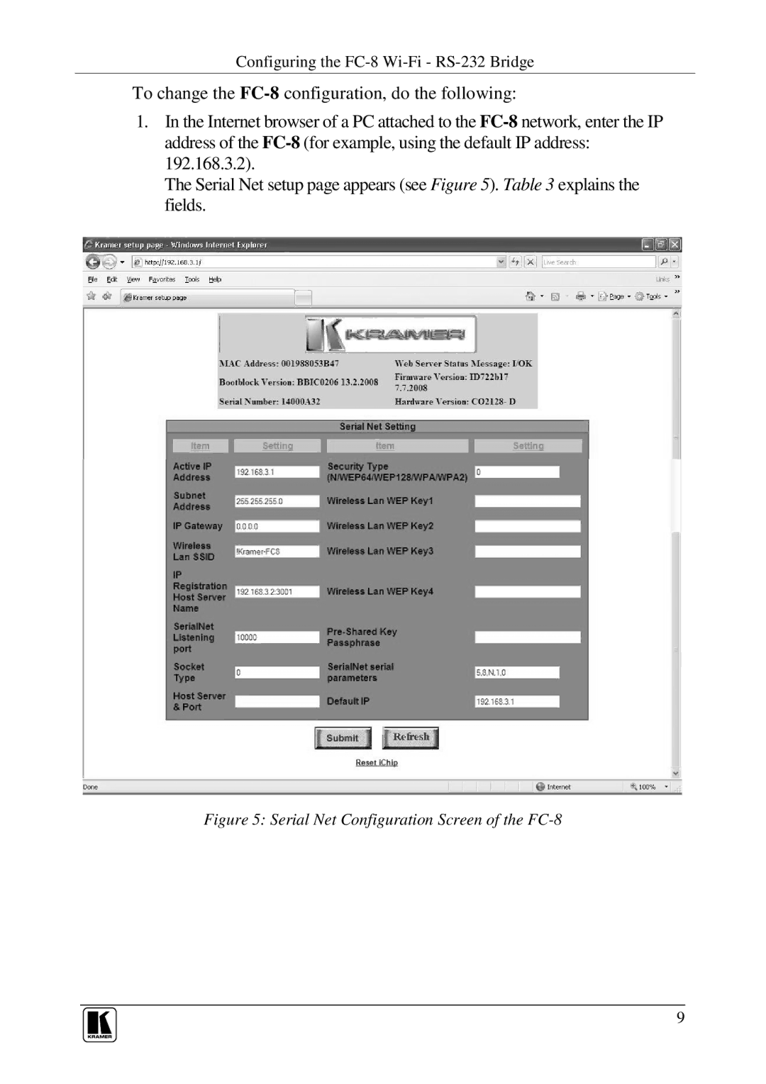 Kramer Electronics user manual Serial Net Configuration Screen of the FC-8 