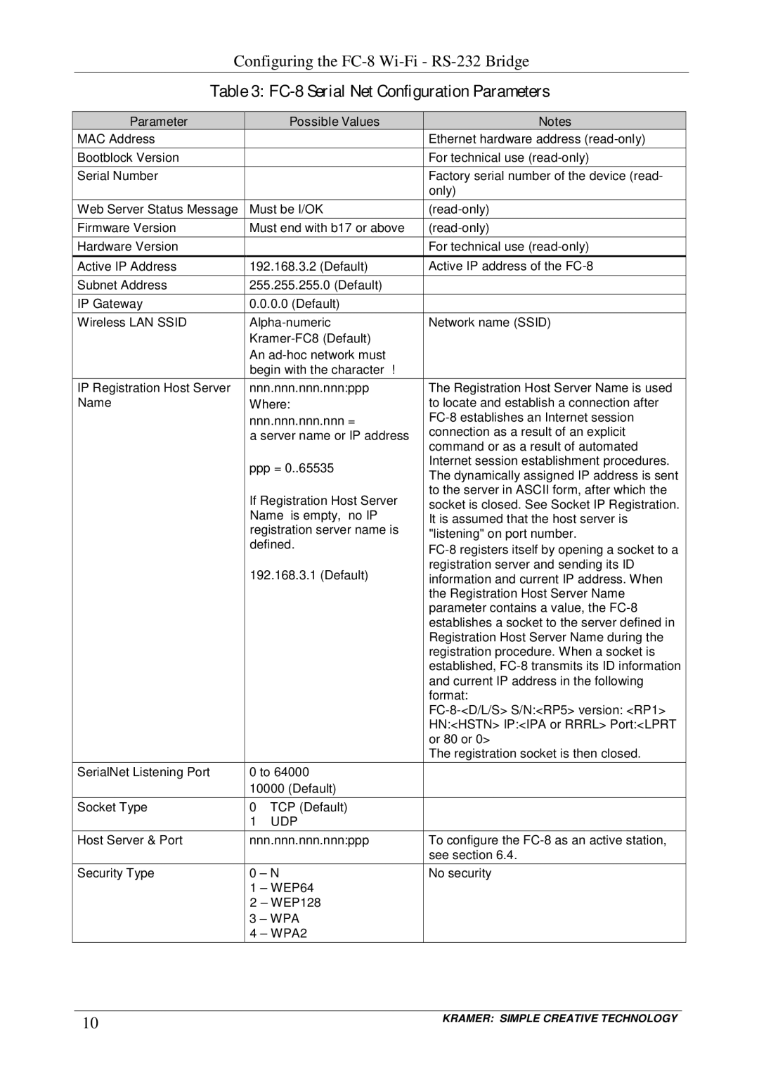 Kramer Electronics user manual FC-8 Serial Net Configuration Parameters 