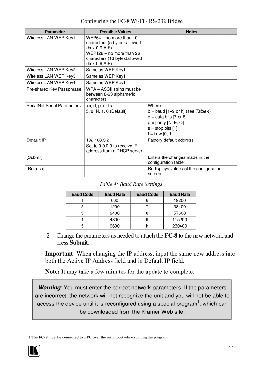 Kramer Electronics FC-8 user manual Baud Rate Settings 