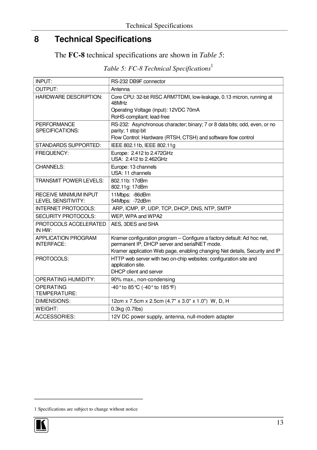 Kramer Electronics user manual Technical Specifications, FC-8technical specifications are shown in Table 