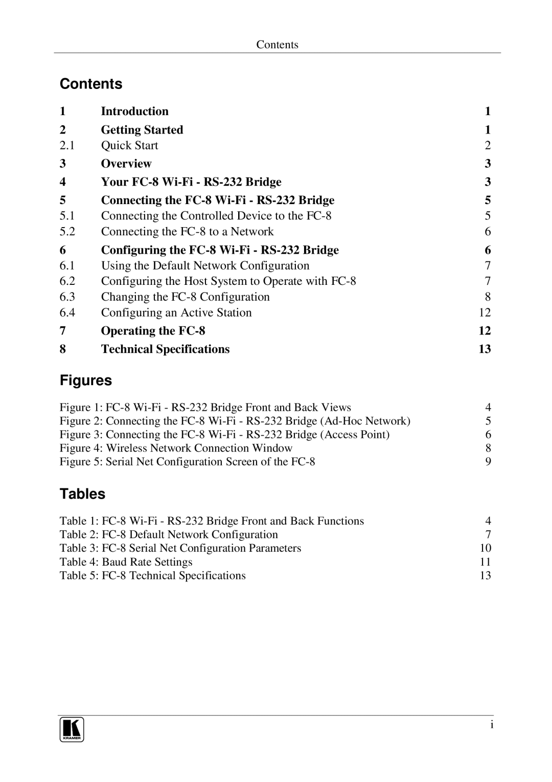 Kramer Electronics FC-8 user manual Contents, Tables 