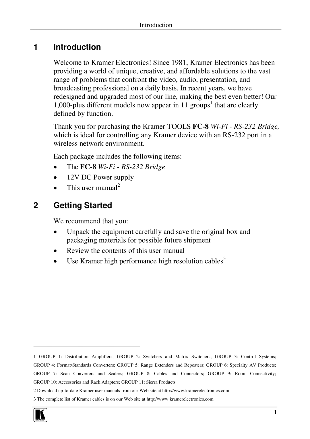 Kramer Electronics FC-8 user manual Introduction, Getting Started 