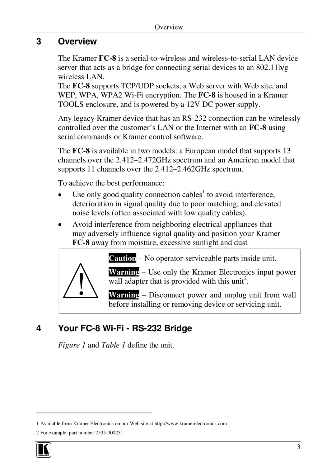 Kramer Electronics user manual Overview, Your FC-8 Wi-Fi RS-232 Bridge 