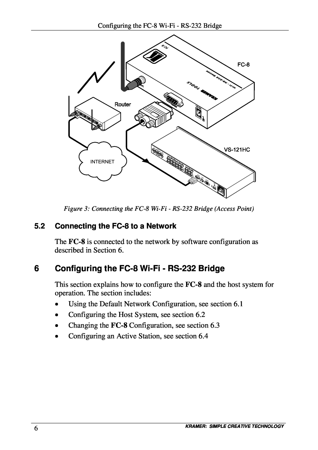 Kramer Electronics user manual Configuring the FC-8 Wi-Fi - RS-232 Bridge, Connecting the FC-8 to a Network 