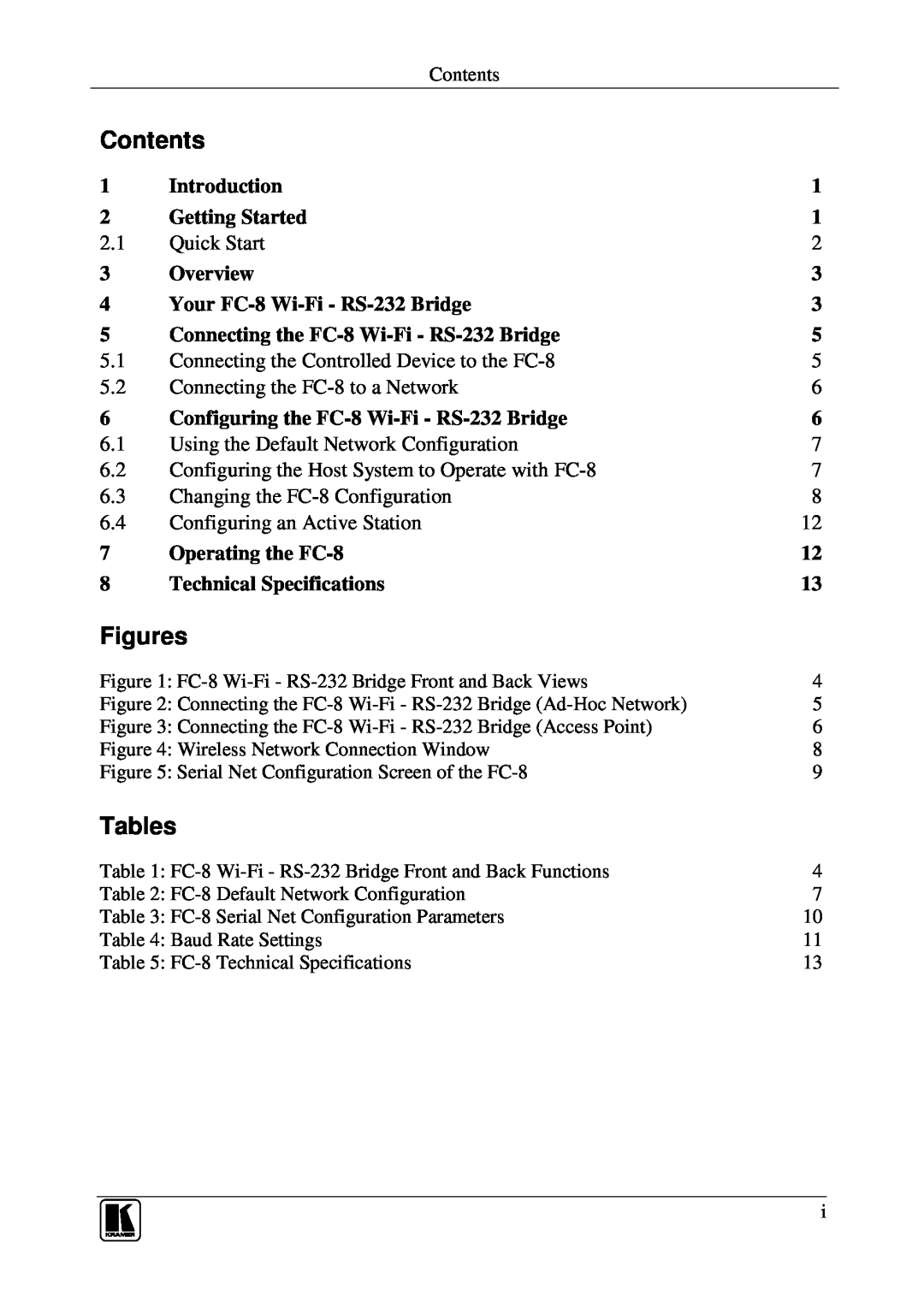 Kramer Electronics FC-8 user manual Contents, Figures, Tables 