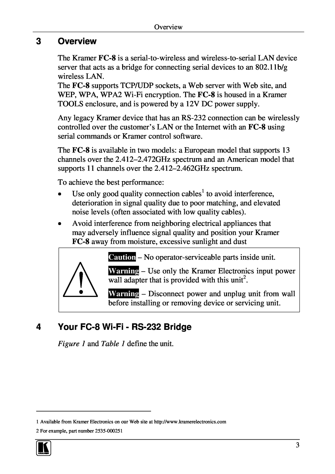 Kramer Electronics user manual Overview, Your FC-8 Wi-Fi - RS-232 Bridge 
