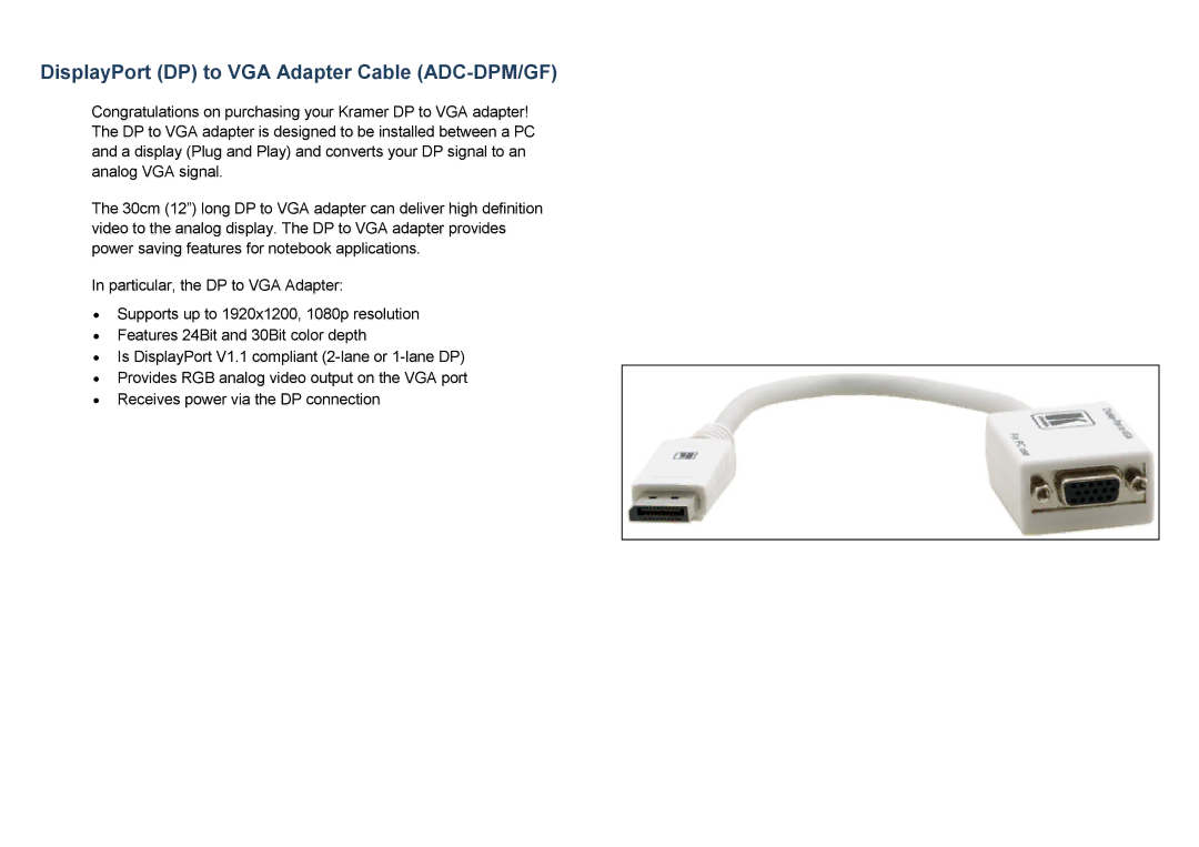 Kramer Electronics manual DisplayPort DP to VGA Adapter Cable ADC-DPM/GF 