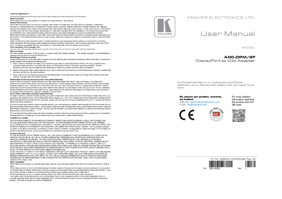 Kramer Electronics GF, ADC-DPM manual Adc-Dpm/Gf, DisplayPort to VGA Adapter 