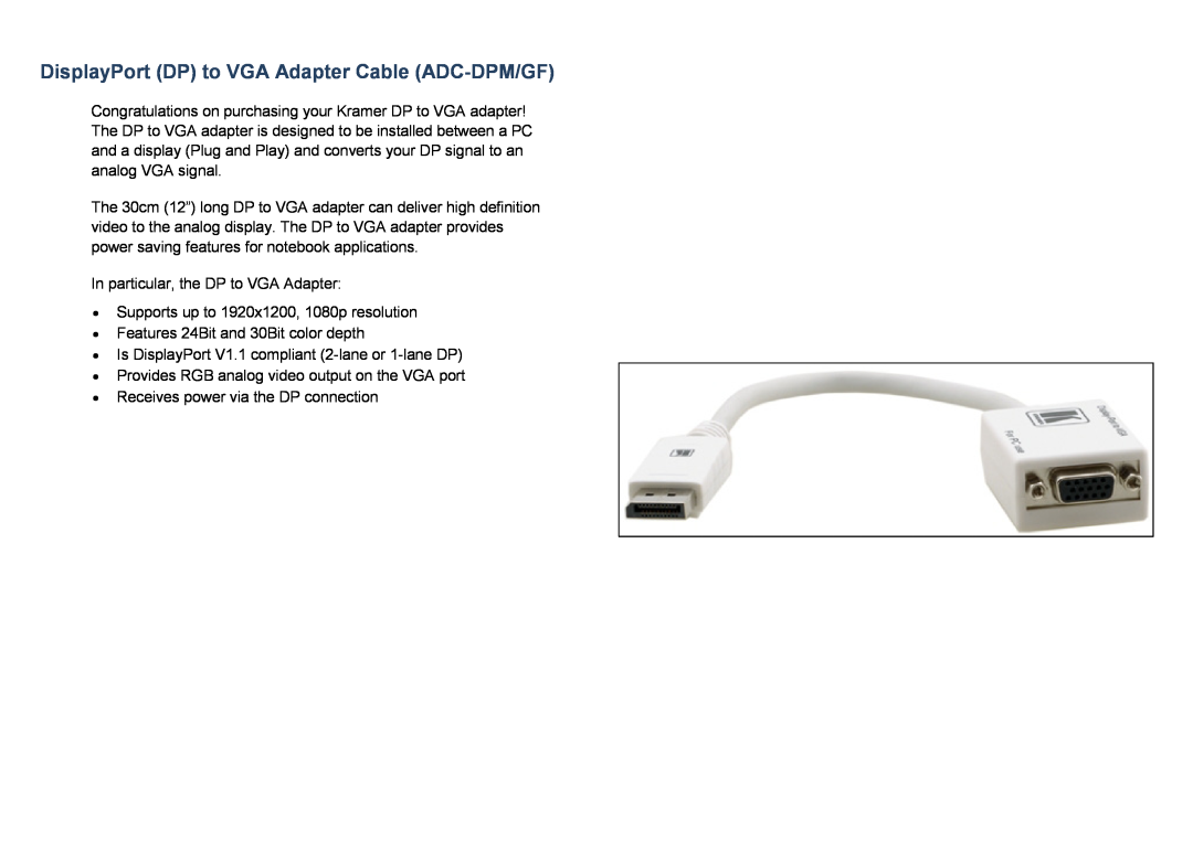 Kramer Electronics manual DisplayPort DP to VGA Adapter Cable ADC-DPM/GF 